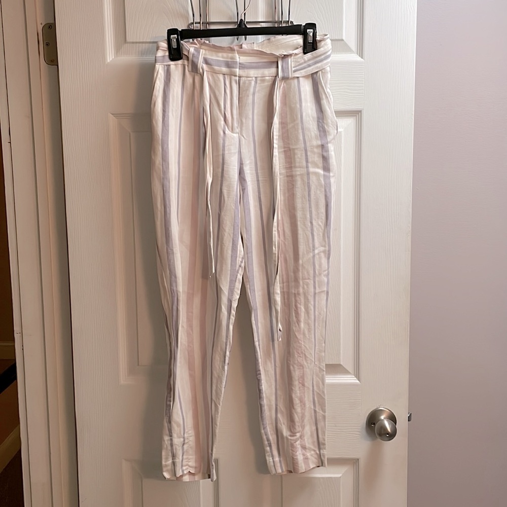 Pastel striped paper bag linen pants